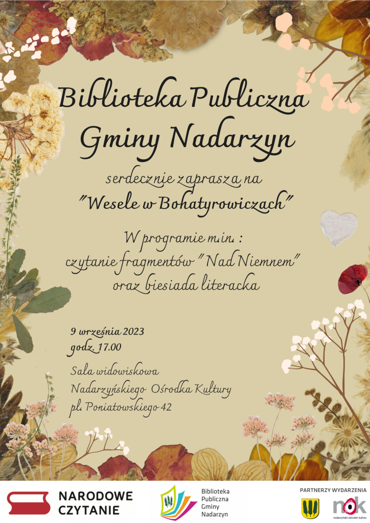 Biblioteka Publiczna Gminy Nadarzyn zaprasza na Narodowe Czytanie 2023  W programie m.in. : 
