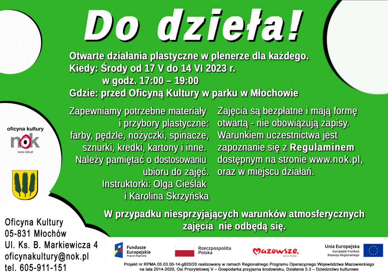 Zapraszamy na Otwarte działania plastyczne w plenerze dla każdego przed przed Oficyną Kultury w parku w Młochowie 